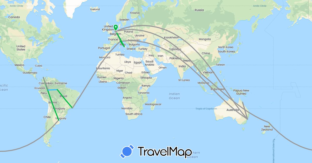 TravelMap itinerary: driving, bus, plane, boat in Argentina, Australia, Brazil, Colombia, Italy, Netherlands, New Zealand, Thailand (Asia, Europe, Oceania, South America)